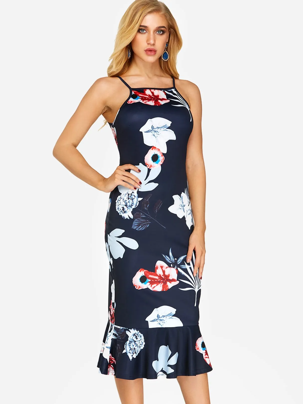 Wholesale Navy Halter Sleeveless Floral Print Zip Back Flounced Hem Dresses