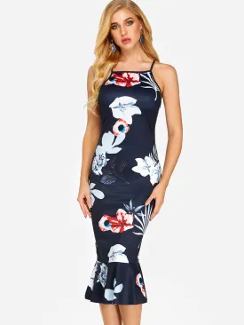 Wholesale Navy Halter Sleeveless Floral Print Zip Back Flounced Hem Dresses