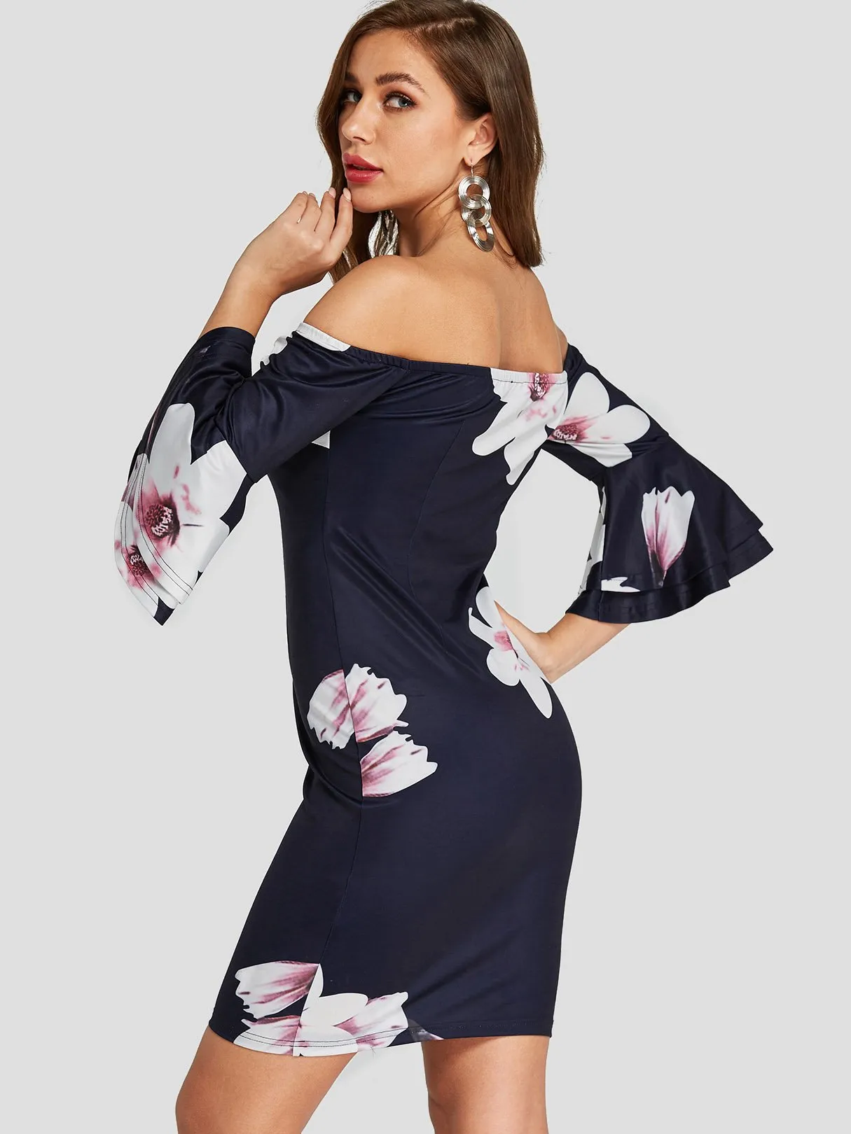 Wholesale Navy Off The Shoulder Long Sleeve Floral Print Bodycon Dresses