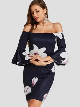 Wholesale Navy Off The Shoulder Long Sleeve Floral Print Bodycon Dresses