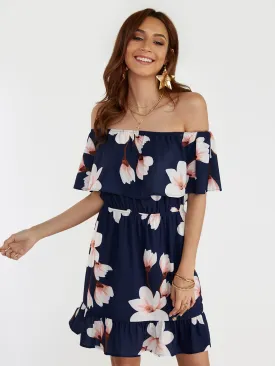 Wholesale Navy Off The Shoulder Short Sleeve Floral Print Tiered Ruffle Hem Dresses