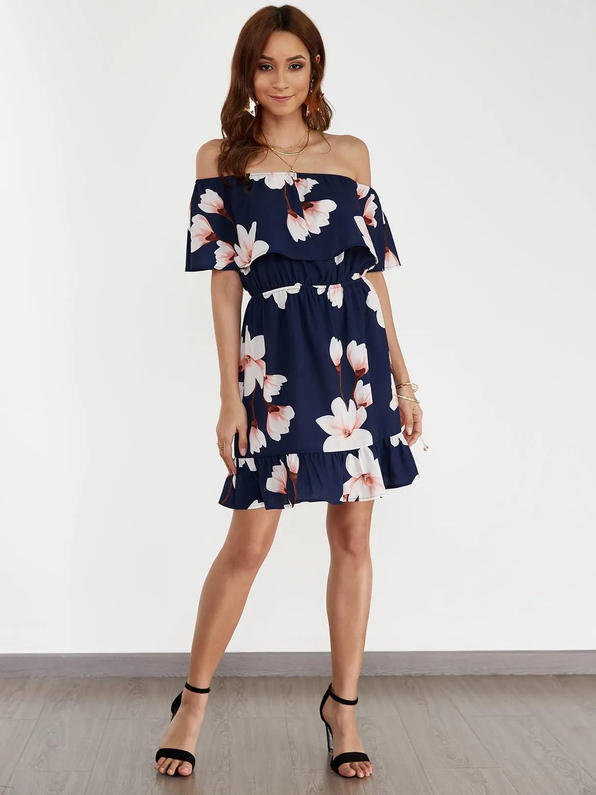 Wholesale Navy Off The Shoulder Short Sleeve Floral Print Tiered Ruffle Hem Dresses