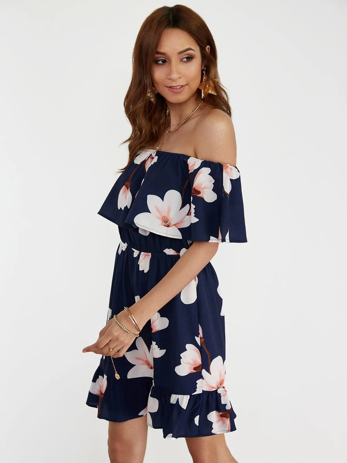 Wholesale Navy Off The Shoulder Short Sleeve Floral Print Tiered Ruffle Hem Dresses