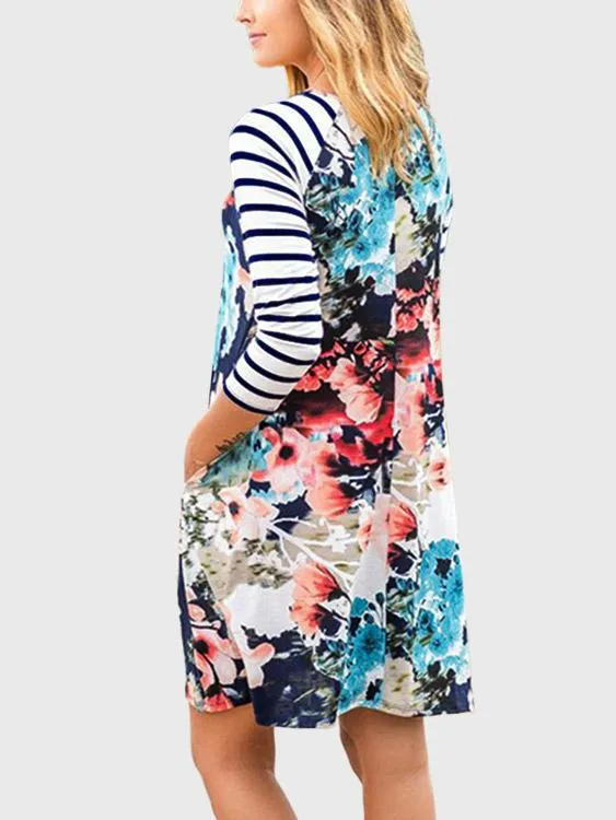 Wholesale Navy Round Neck Long Sleeve Stripe Floral Print Dresses