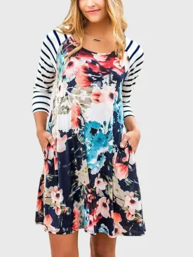 Wholesale Navy Round Neck Long Sleeve Stripe Floral Print Dresses