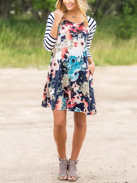 Wholesale Navy Round Neck Long Sleeve Stripe Floral Print Dresses