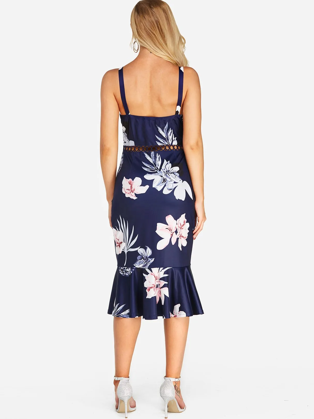 Wholesale Navy Sleeveless Floral Print Hollow Dresses