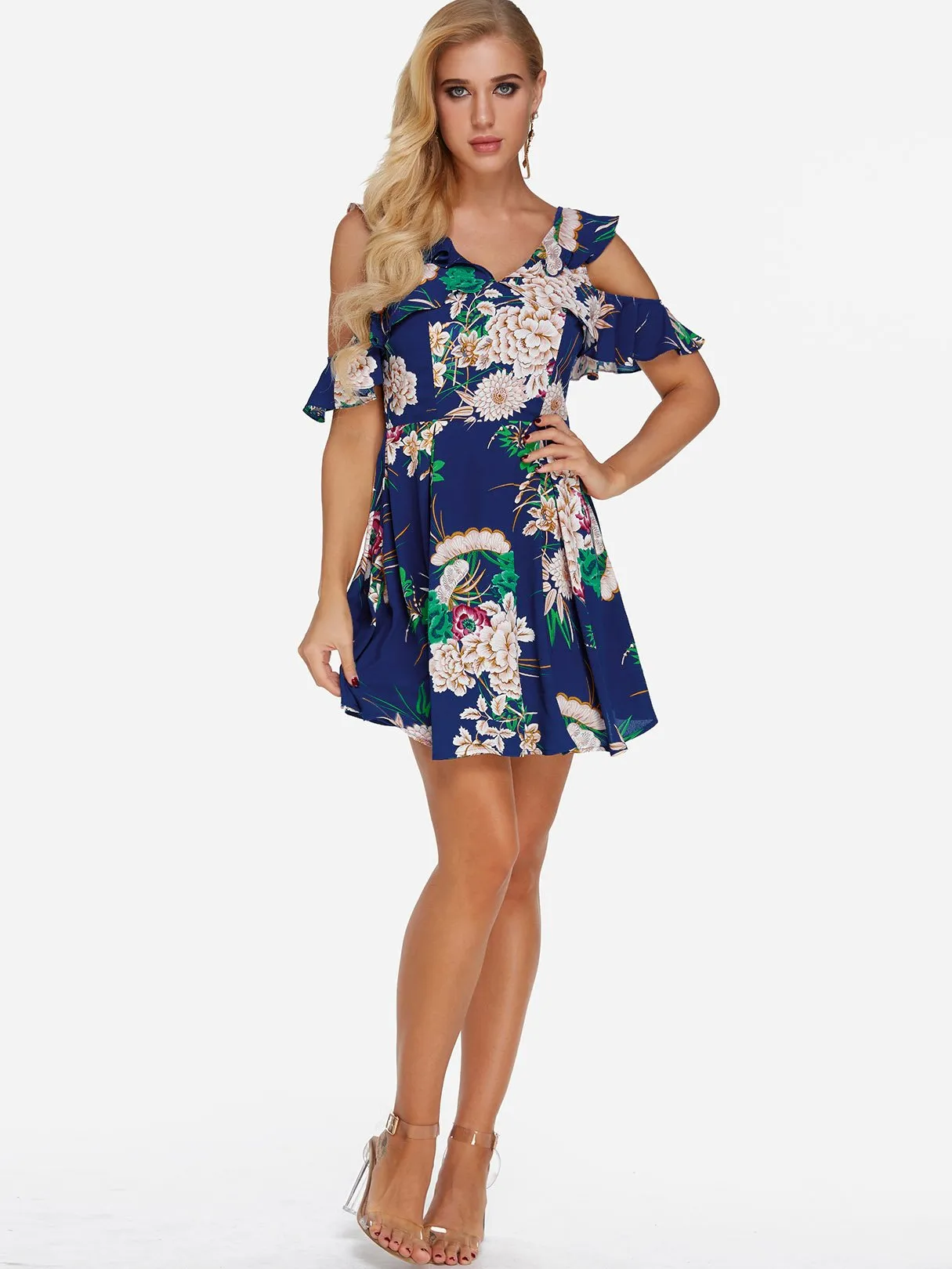 Wholesale Navy V-Neck Cold Shoulder Short Sleeve Floral Print Zip Back Backless Dresses