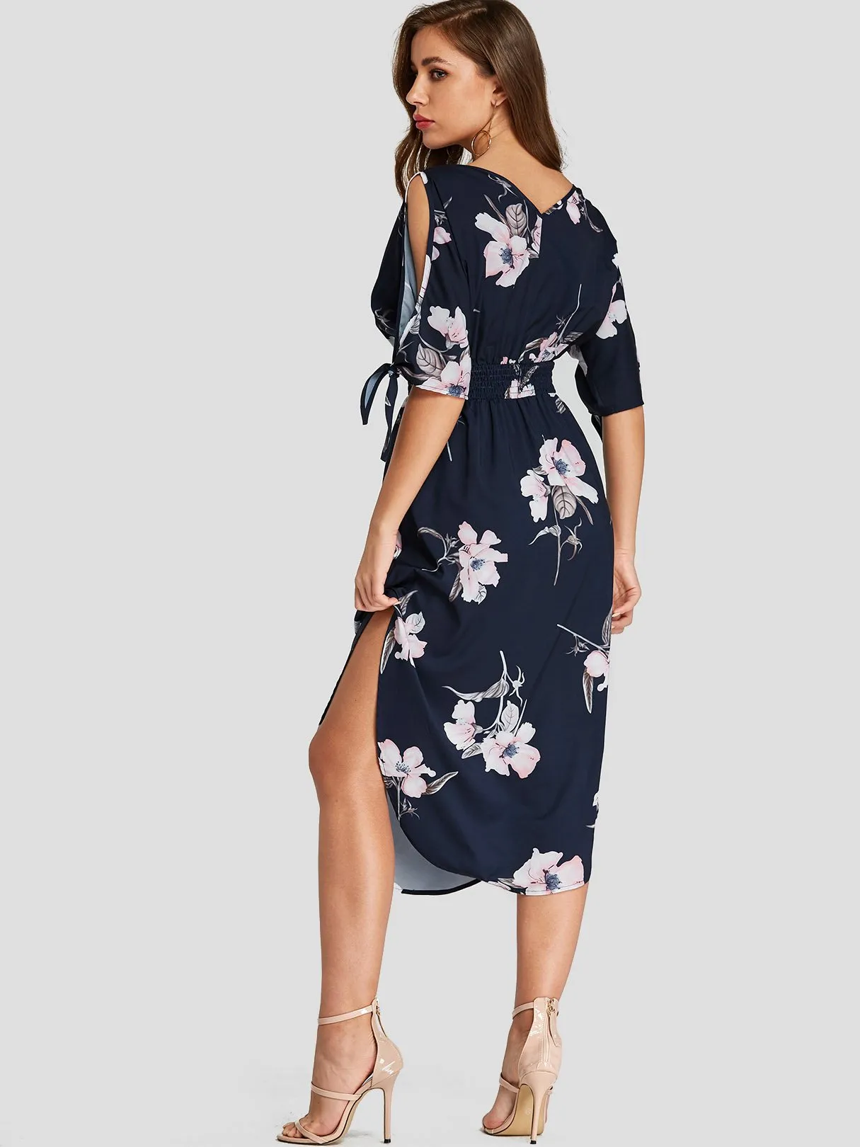 Wholesale Navy V-Neck Half Sleeve Floral Print Slit Self-Tie Curved Hem Dresses