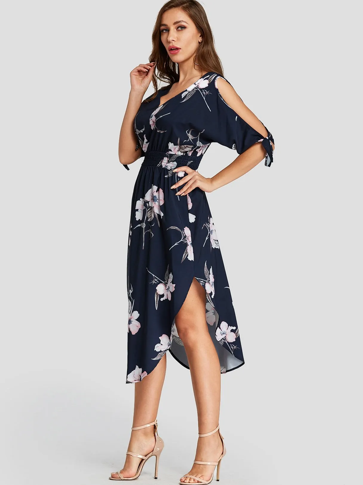 Wholesale Navy V-Neck Half Sleeve Floral Print Slit Self-Tie Curved Hem Dresses