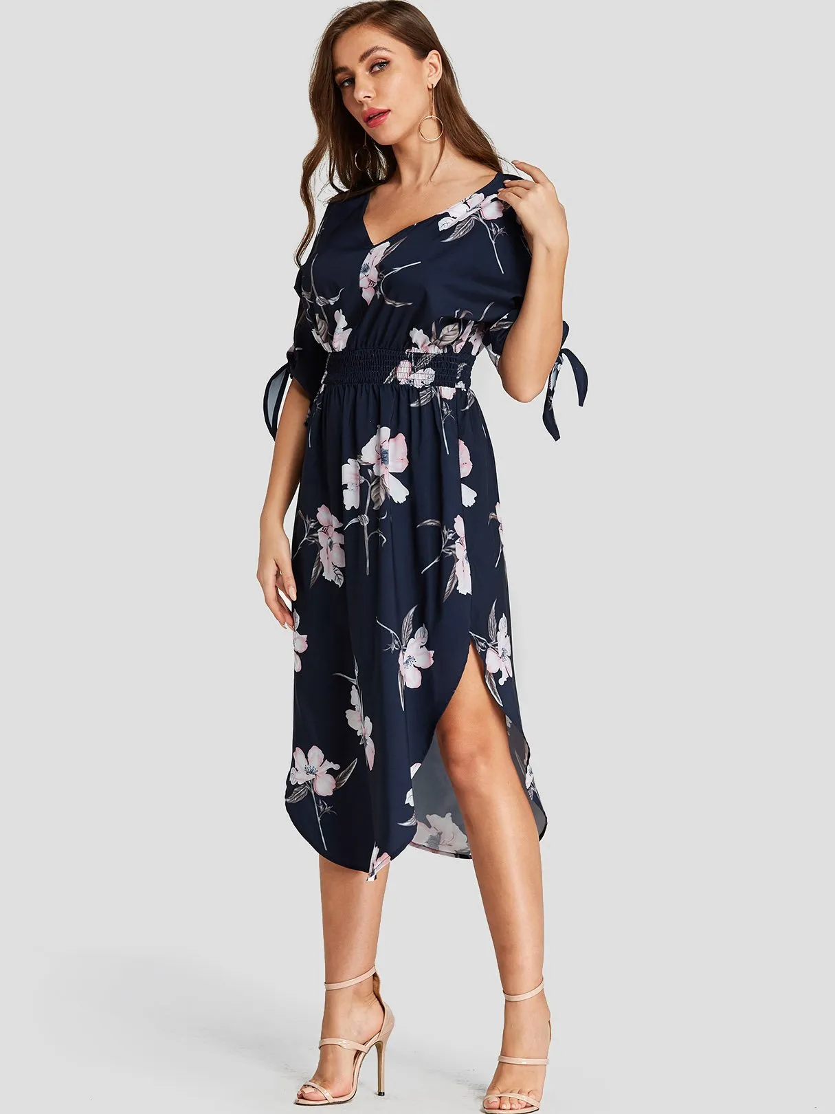 Wholesale Navy V-Neck Half Sleeve Floral Print Slit Self-Tie Curved Hem Dresses