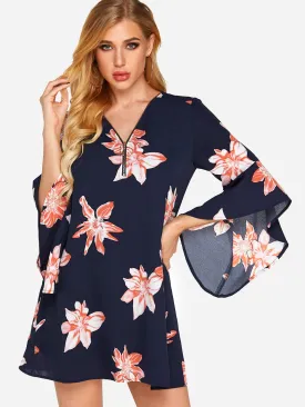 Wholesale Navy V-Neck Long Sleeve Floral Print Zip Back Dresses