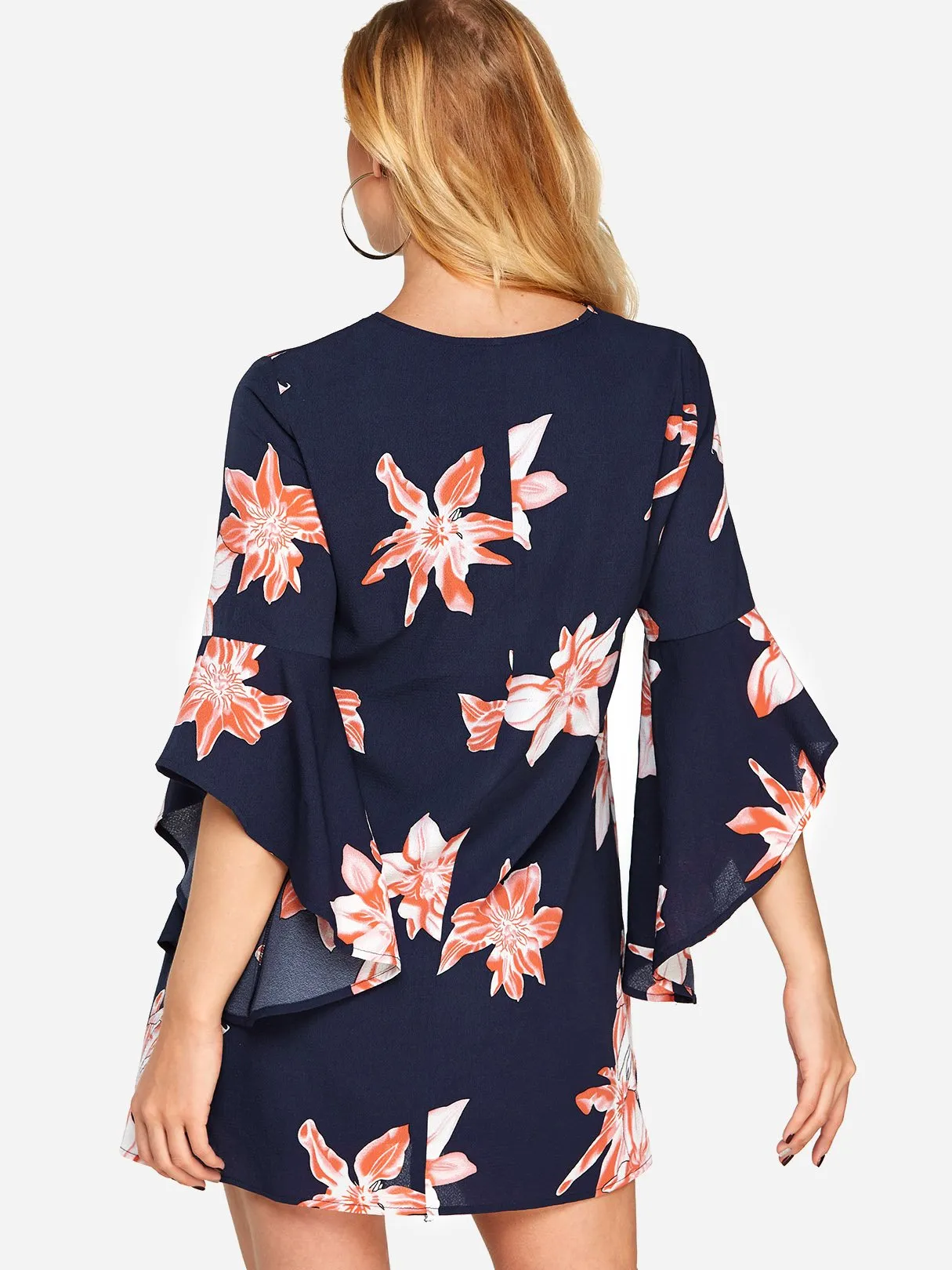 Wholesale Navy V-Neck Long Sleeve Floral Print Zip Back Dresses