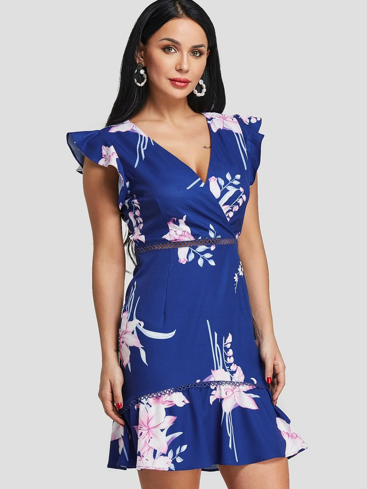 Wholesale Navy V-Neck Sleeveless Floral Print Hollow Flounced Hem Dresses