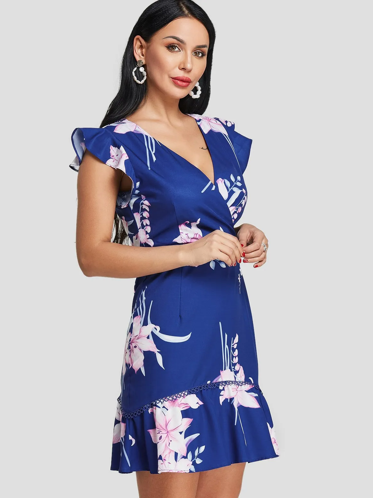 Wholesale Navy V-Neck Sleeveless Floral Print Hollow Flounced Hem Dresses