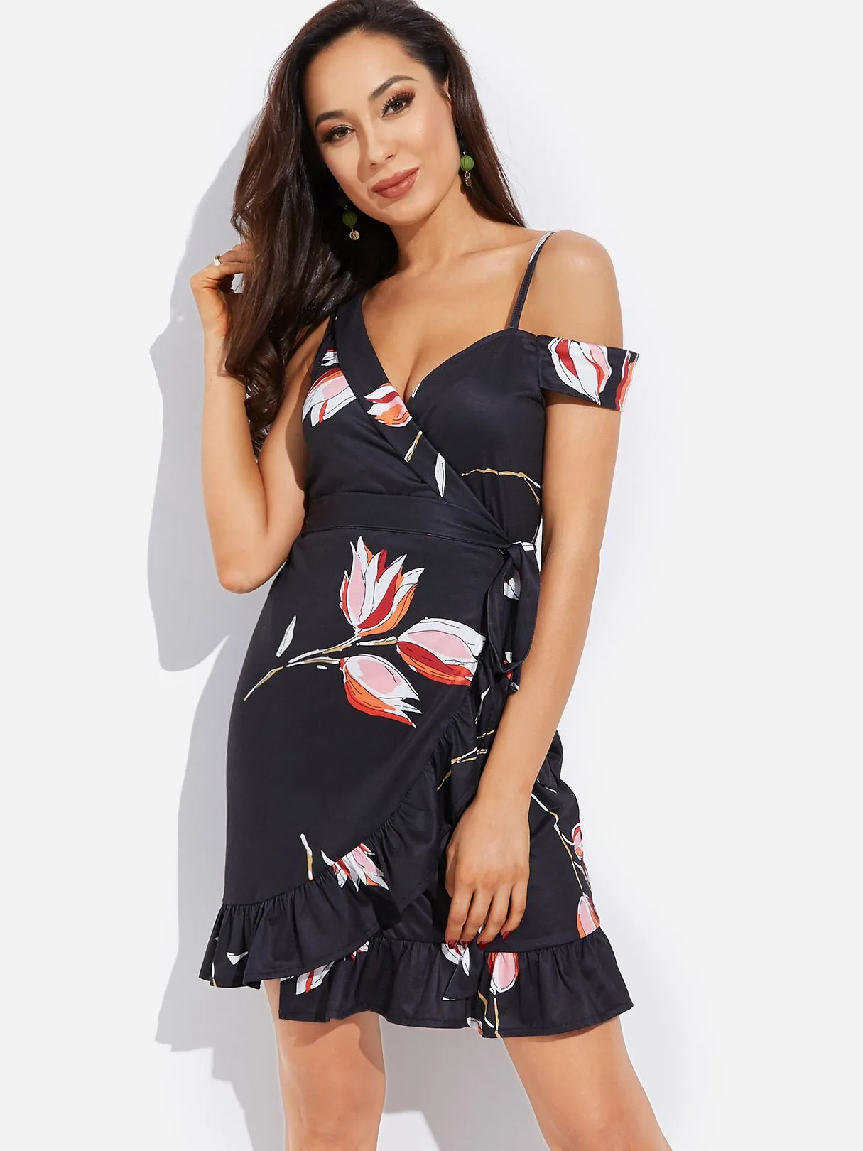 Wholesale Navy V-Neck Sleeveless Floral Print Wrap Dresses