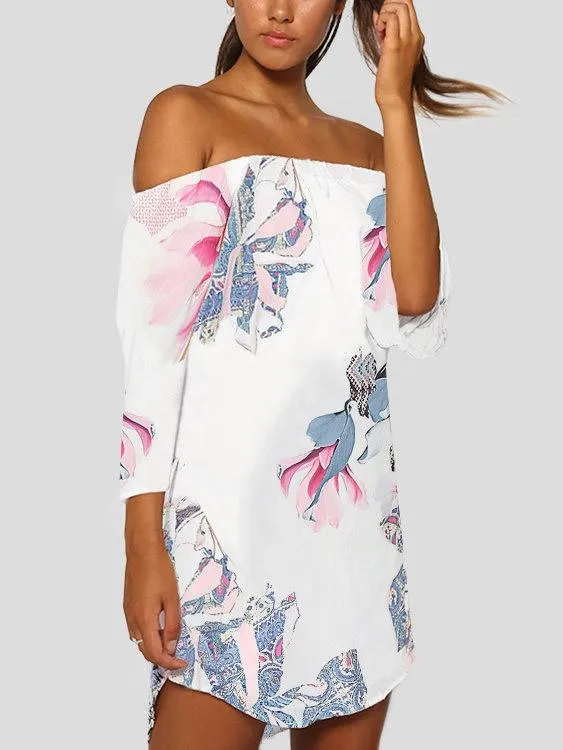 Wholesale Off The Shoulder 3/4 Length Sleeve Floral Print Curved Hem Dresses