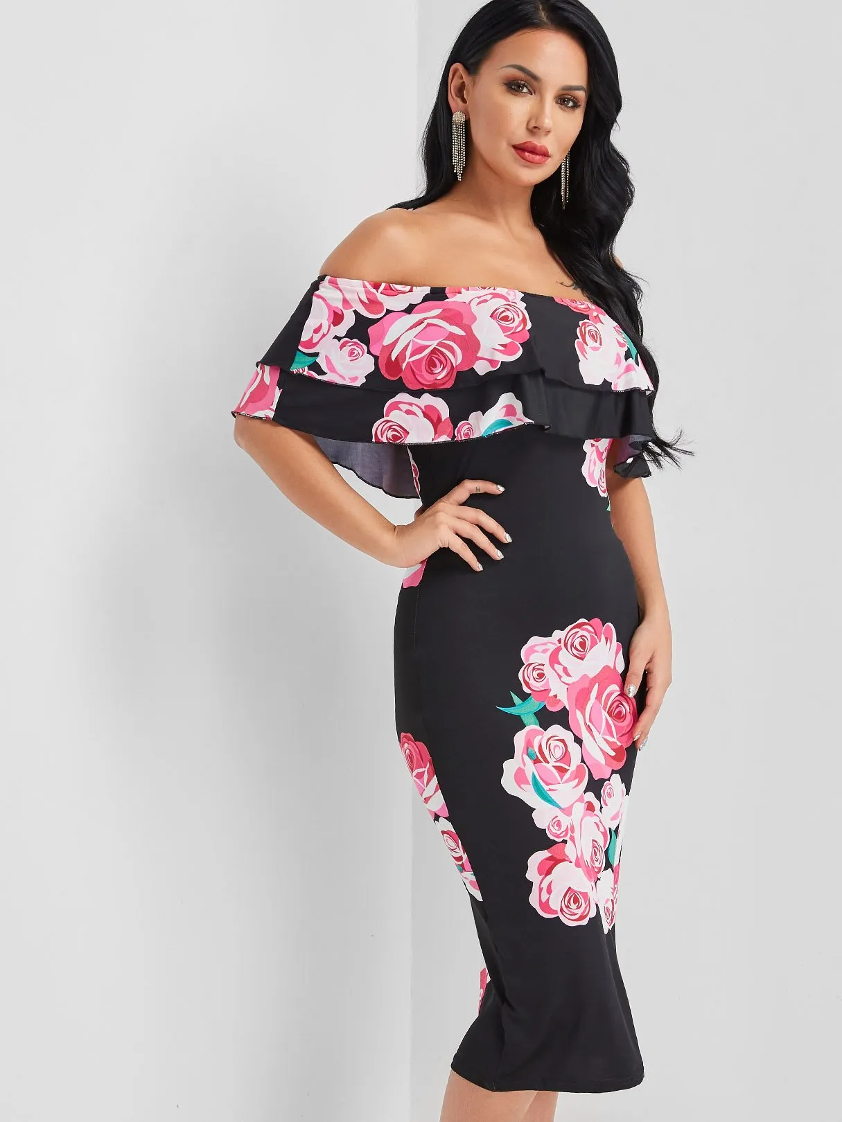 Wholesale Off The Shoulder Sleeveless Floral Print Backless Dresses