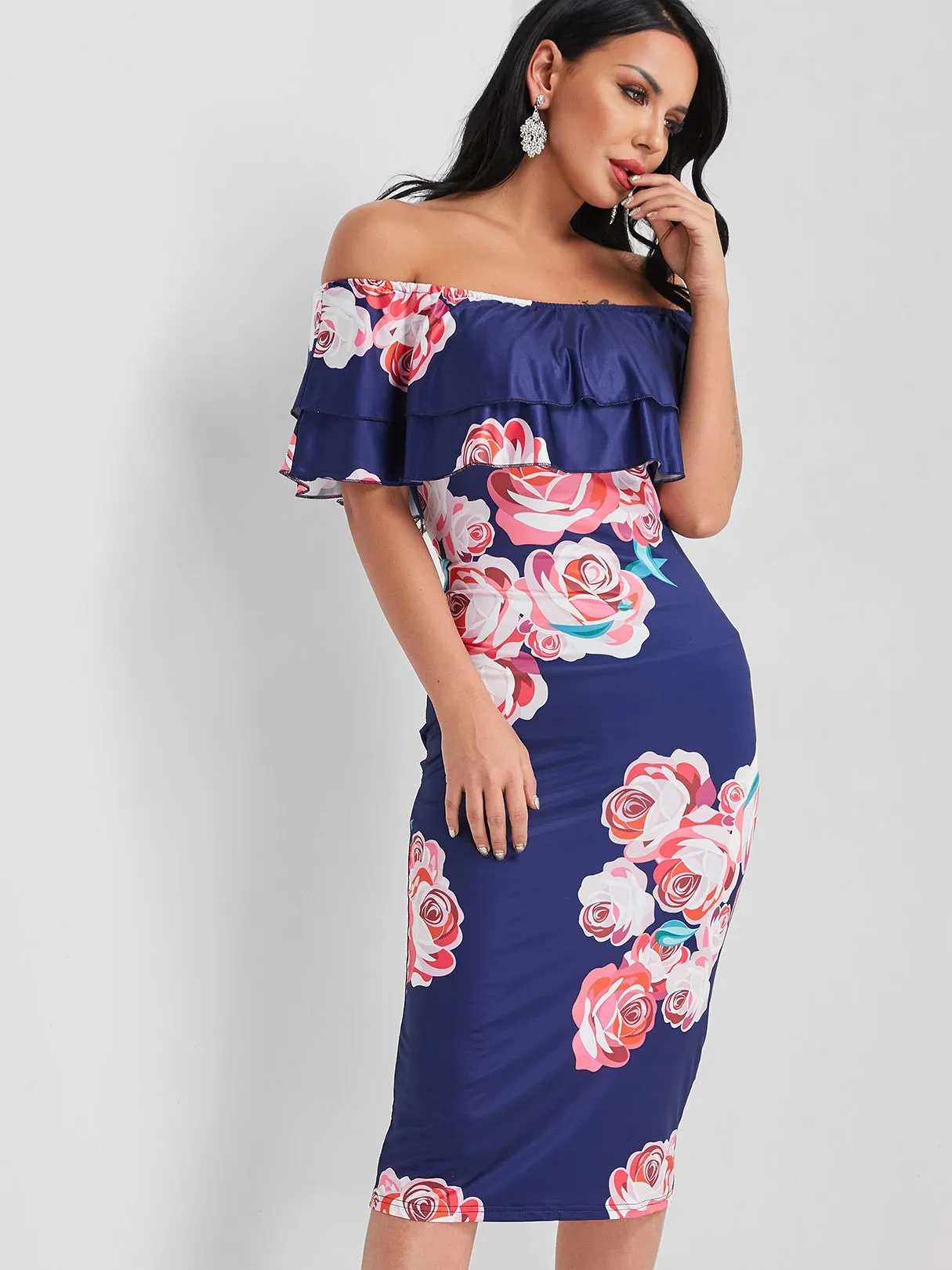 Wholesale Off The Shoulder Sleeveless Floral Print Backless Dresses