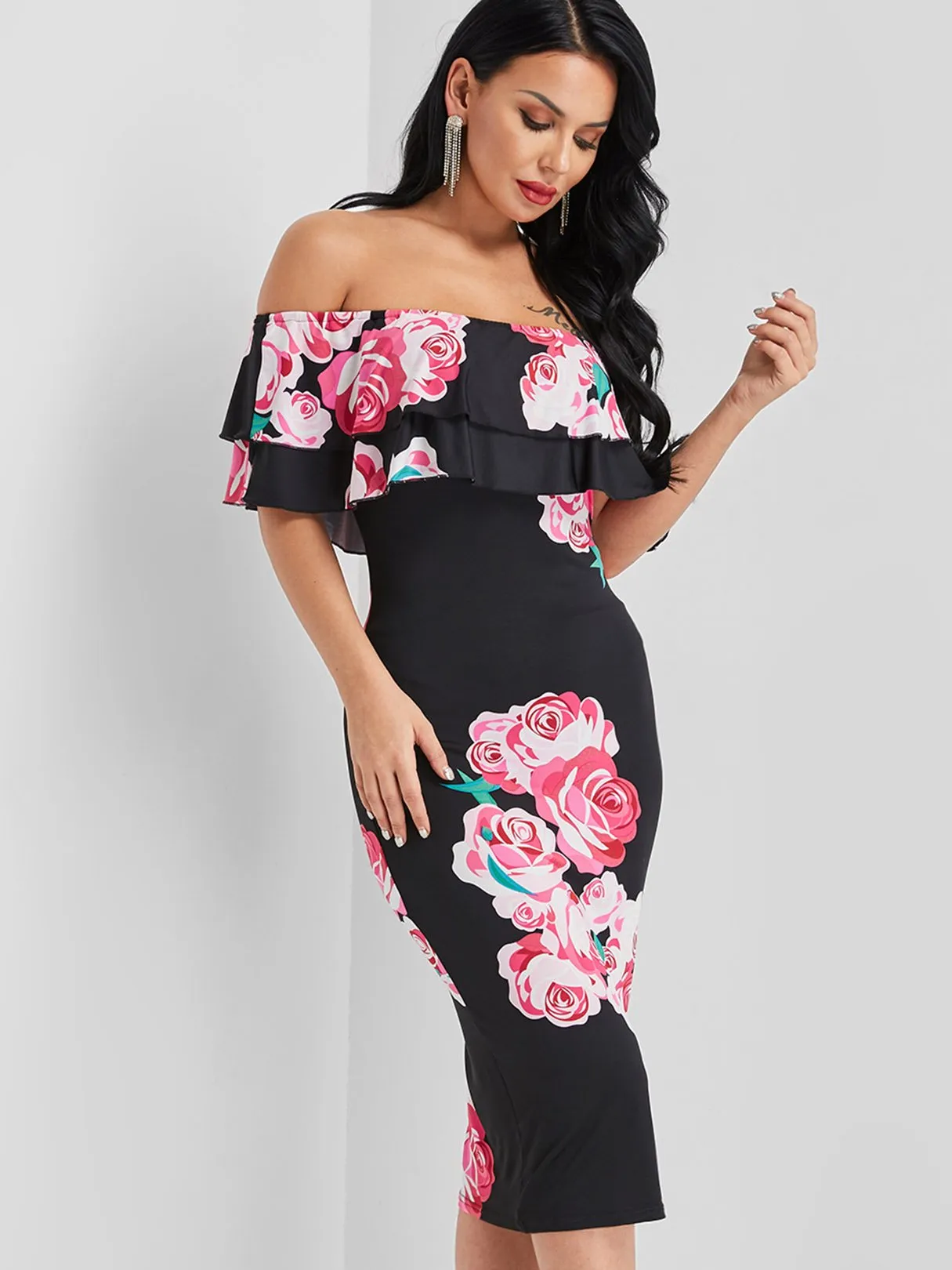 Wholesale Off The Shoulder Sleeveless Floral Print Backless Dresses