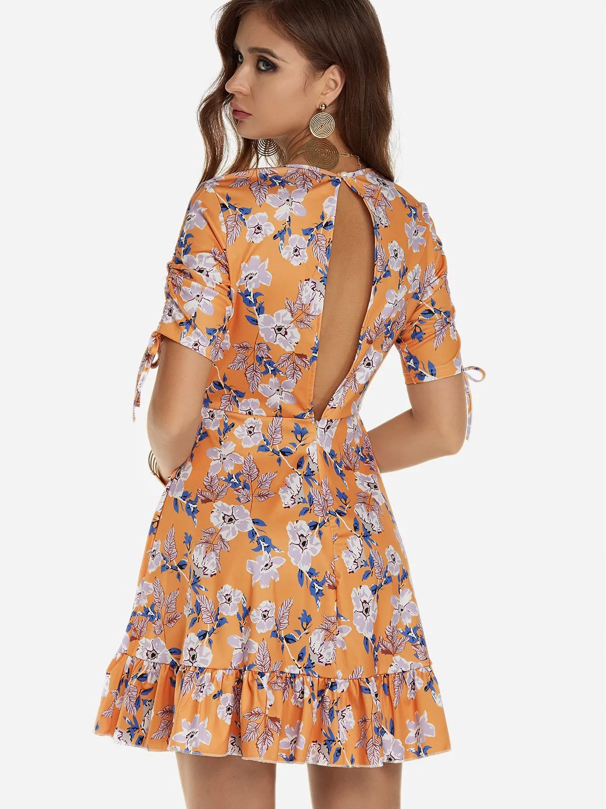 Wholesale Orange V-Neck Short Sleeve Floral Print Lace-Up Cut Out Flounced Hem Dresses