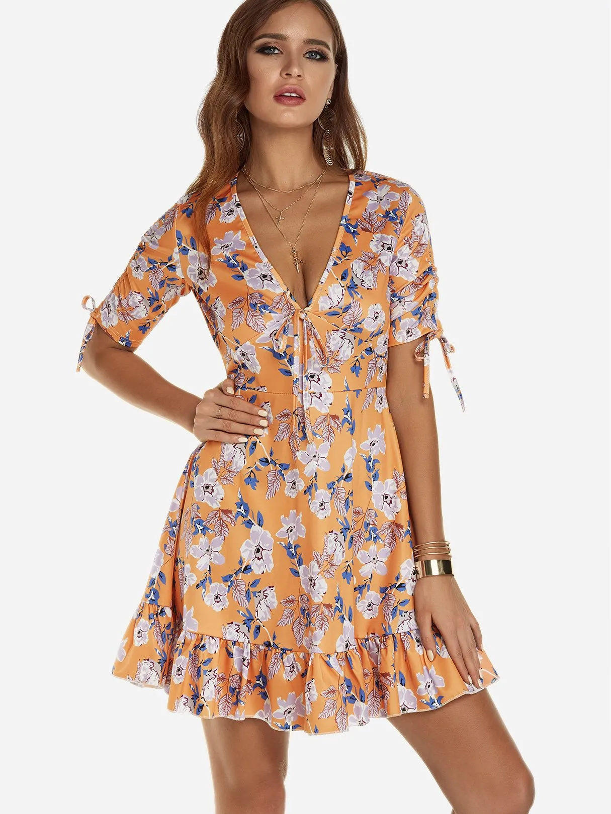 Wholesale Orange V-Neck Short Sleeve Floral Print Lace-Up Cut Out Flounced Hem Dresses