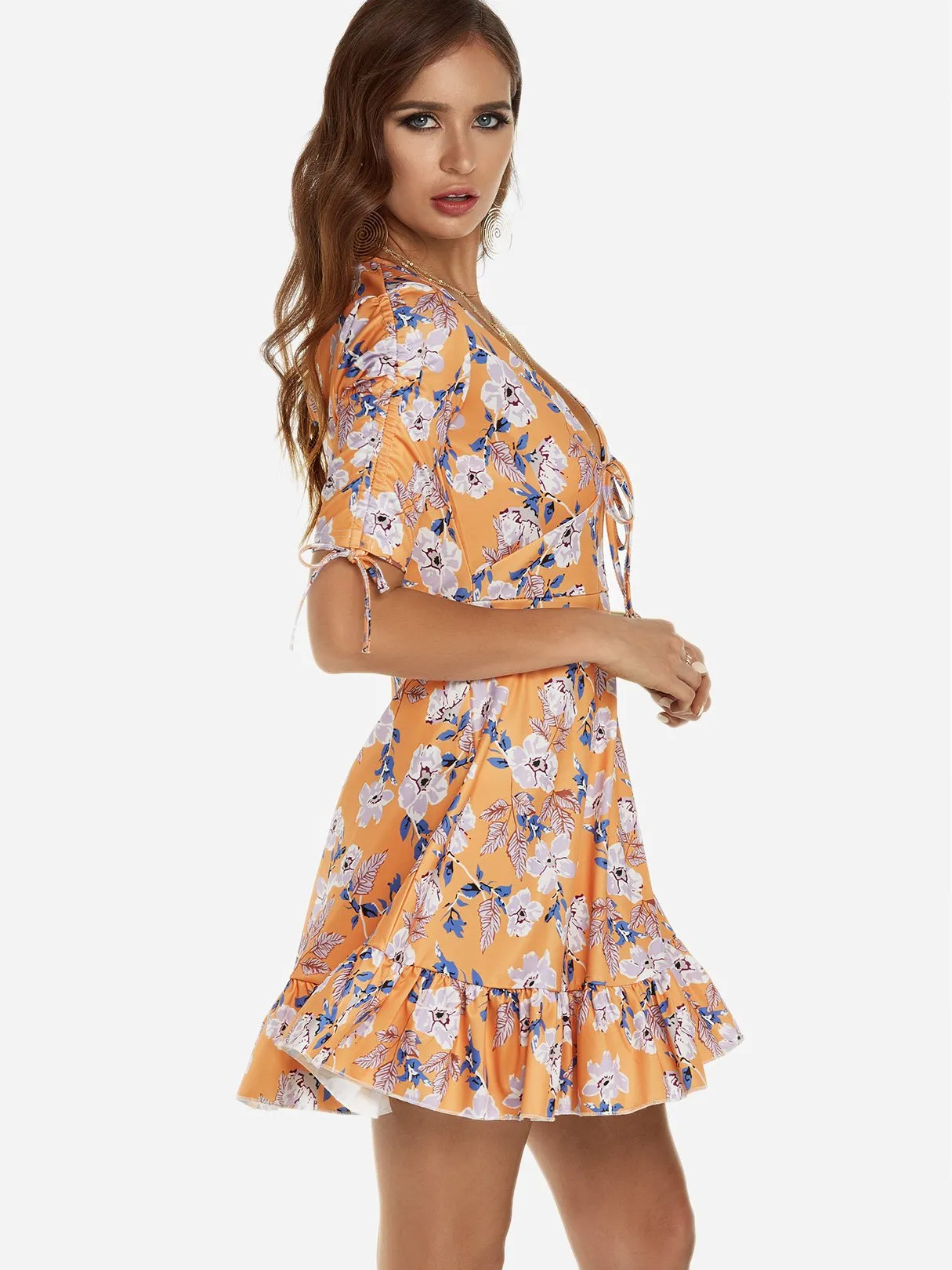 Wholesale Orange V-Neck Short Sleeve Floral Print Lace-Up Cut Out Flounced Hem Dresses