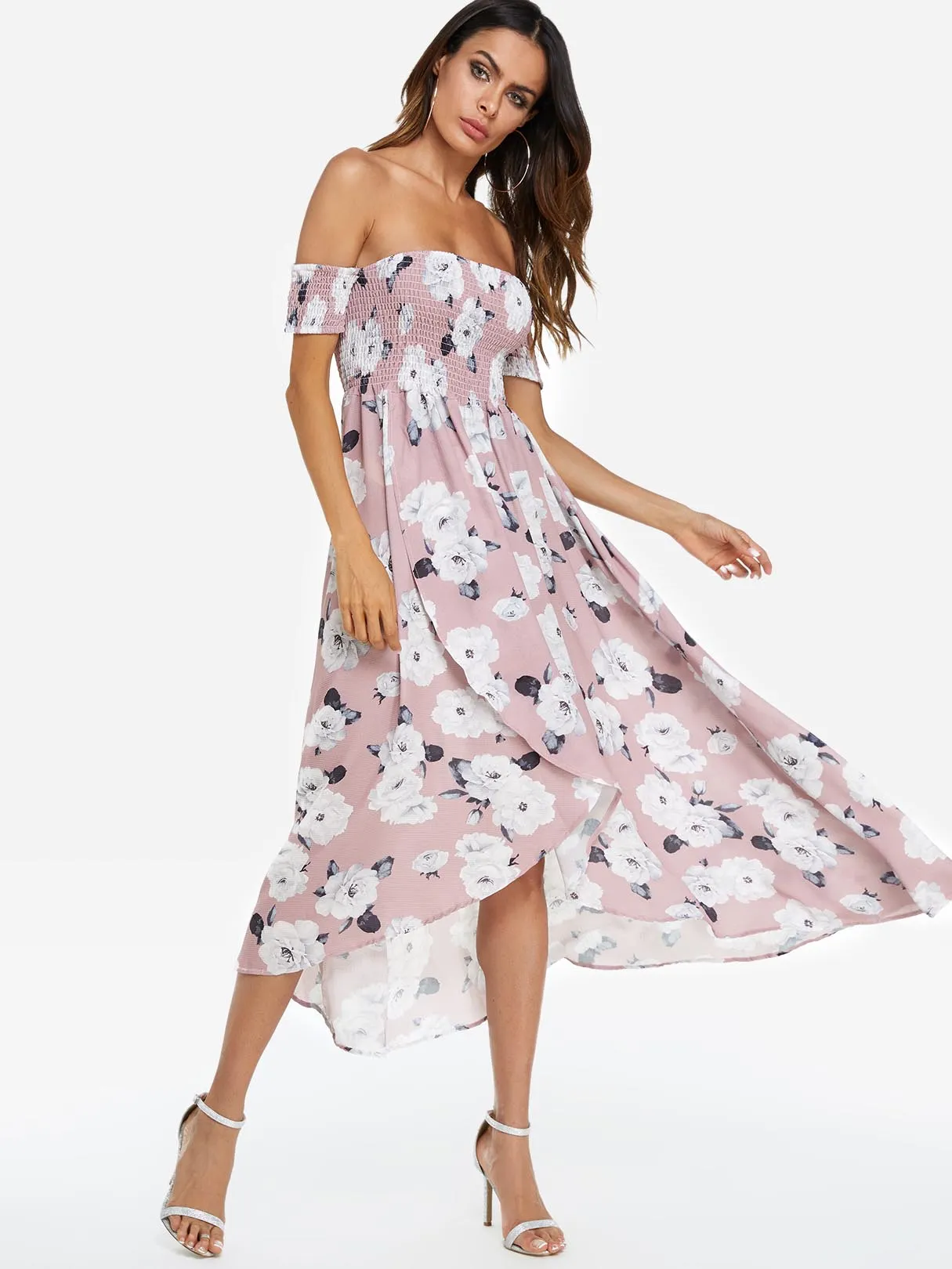 Wholesale Pink Bateau Short Sleeve Floral Print Backless Pleated Irregular Hem Dresses