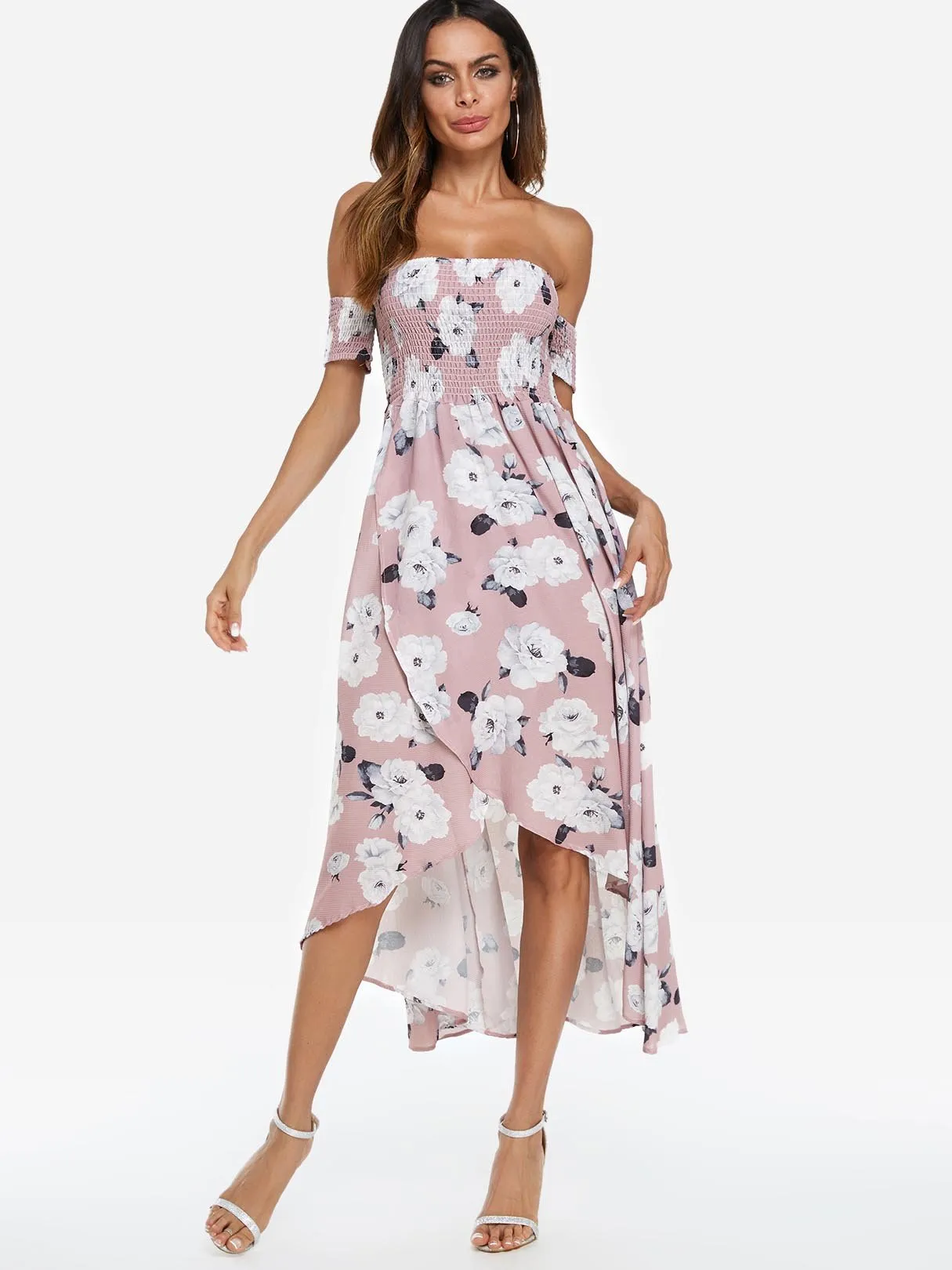 Wholesale Pink Bateau Short Sleeve Floral Print Backless Pleated Irregular Hem Dresses