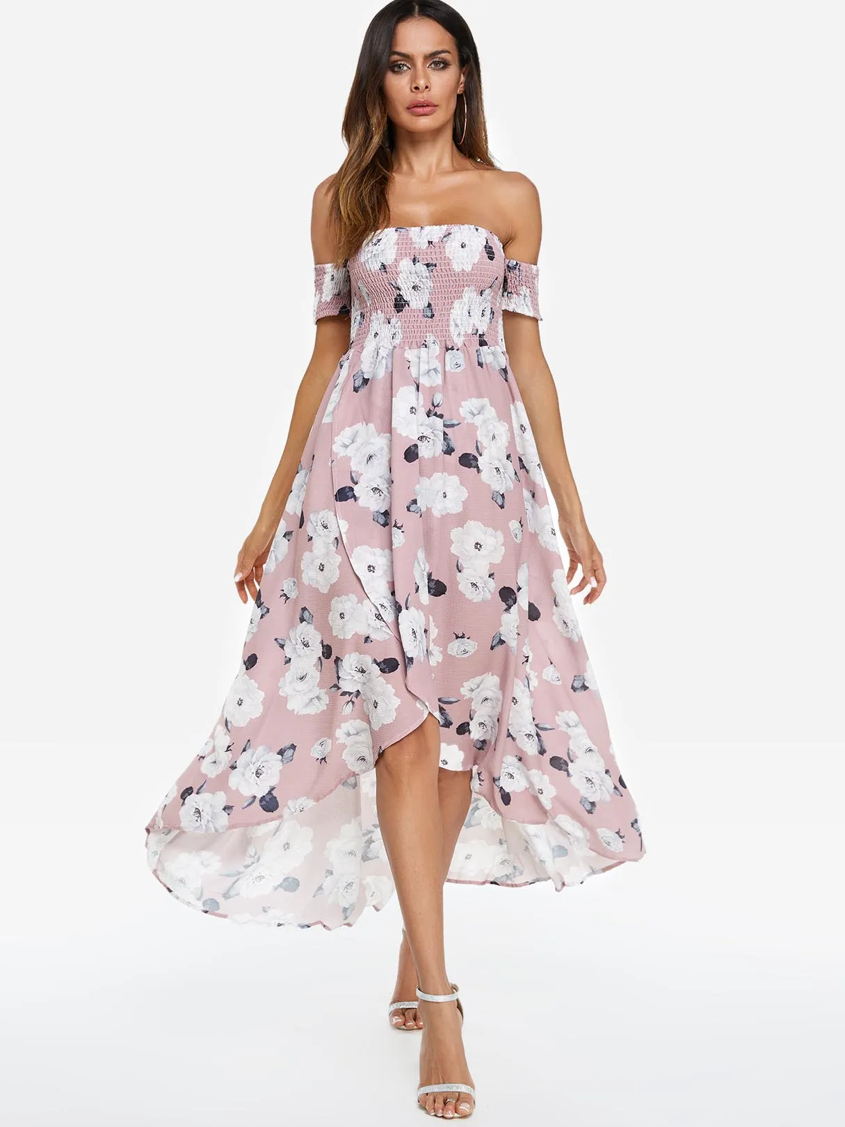 Wholesale Pink Bateau Short Sleeve Floral Print Backless Pleated Irregular Hem Dresses