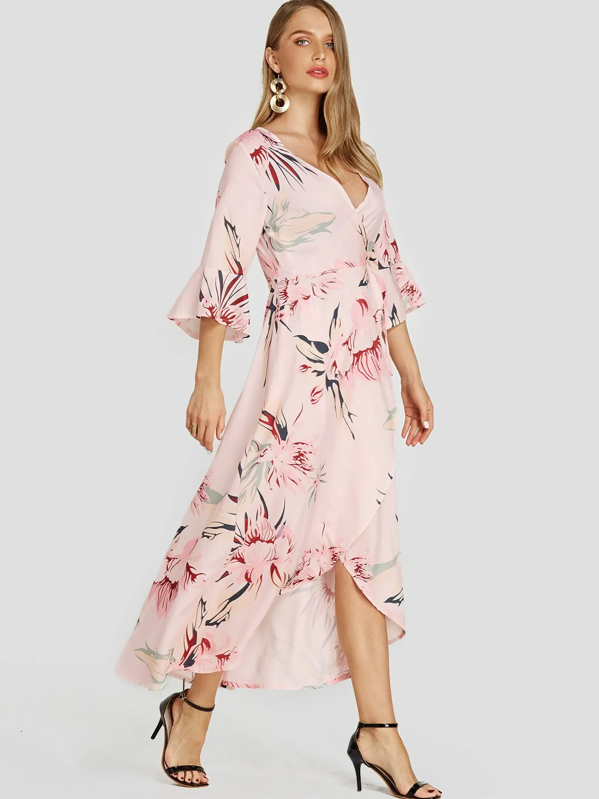 Wholesale Pink V-Neck Floral Print Self-Tie Wrap Slit Hem Dresses