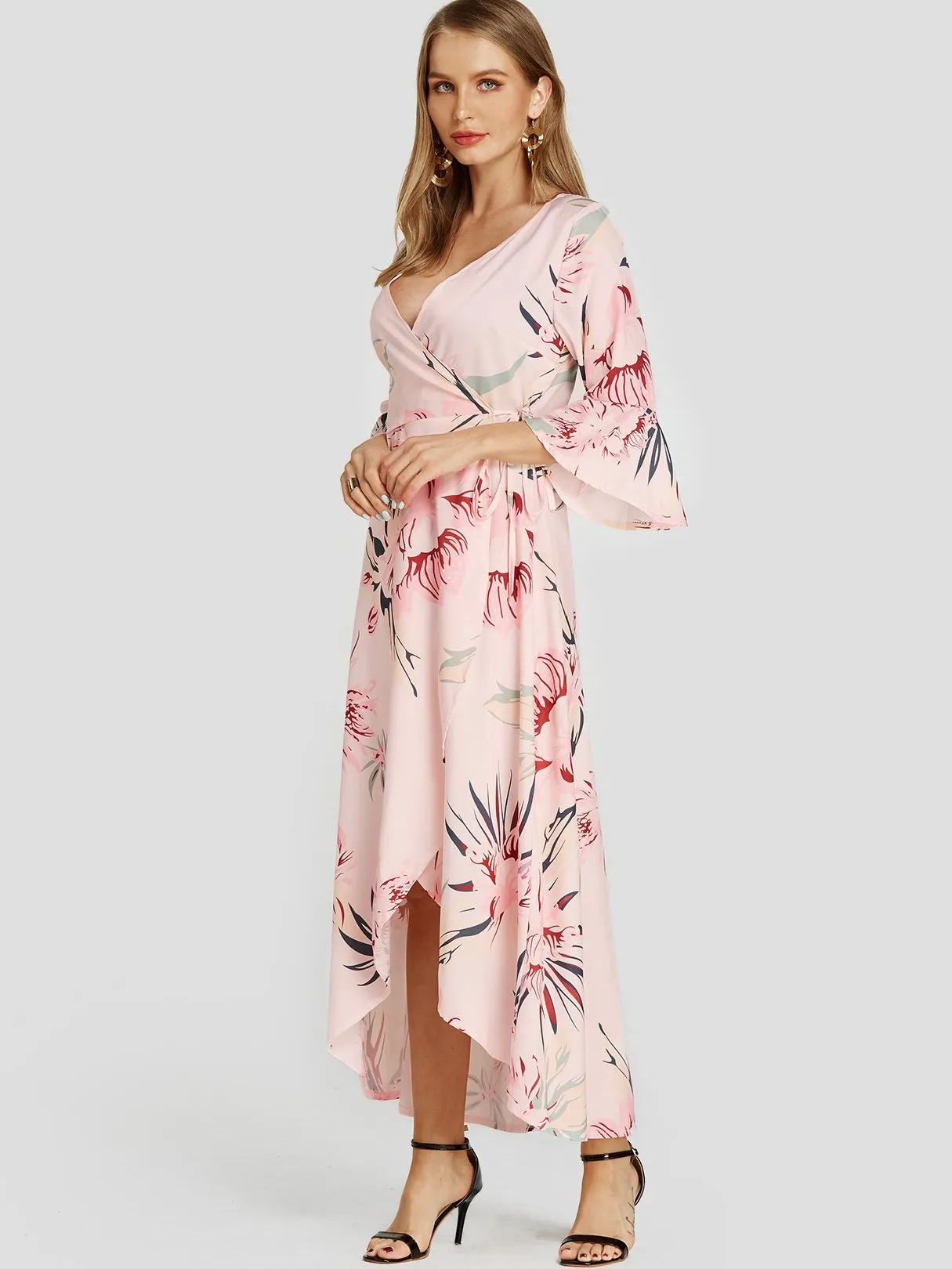 Wholesale Pink V-Neck Floral Print Self-Tie Wrap Slit Hem Dresses