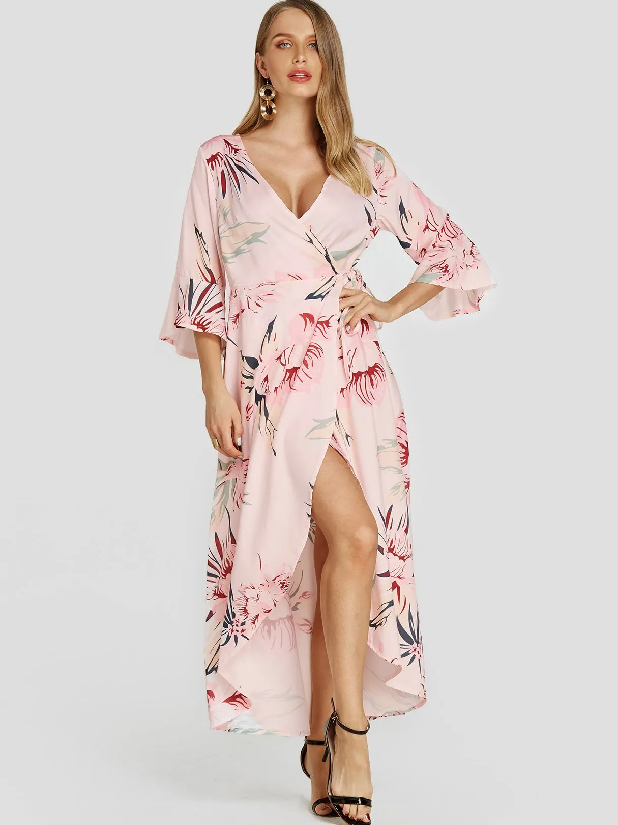 Wholesale Pink V-Neck Floral Print Self-Tie Wrap Slit Hem Dresses