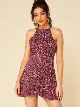 Wholesale Red Round Neck Halter Sleeveless Floral Print Backless Self-Tie Dresses