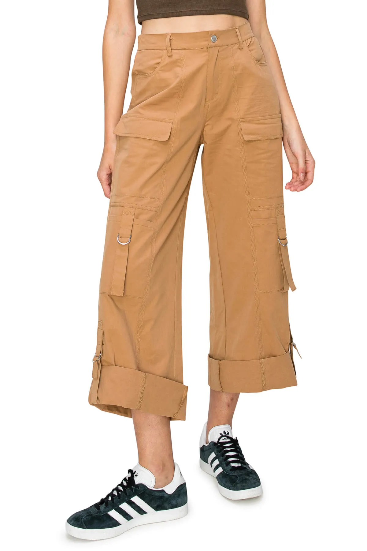 Wide Leg Relaxed 2 Way Cargo Pants - Tan