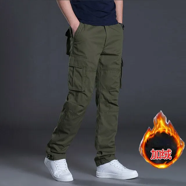 Winter Fleece Warm Cargo Pants Mens Overalls Loose Straight Multi-pocket Trouser Outdoor Sport Plus Velvet Thermal Military Pant