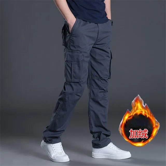 Winter Fleece Warm Cargo Pants Mens Overalls Loose Straight Multi-pocket Trouser Outdoor Sport Plus Velvet Thermal Military Pant