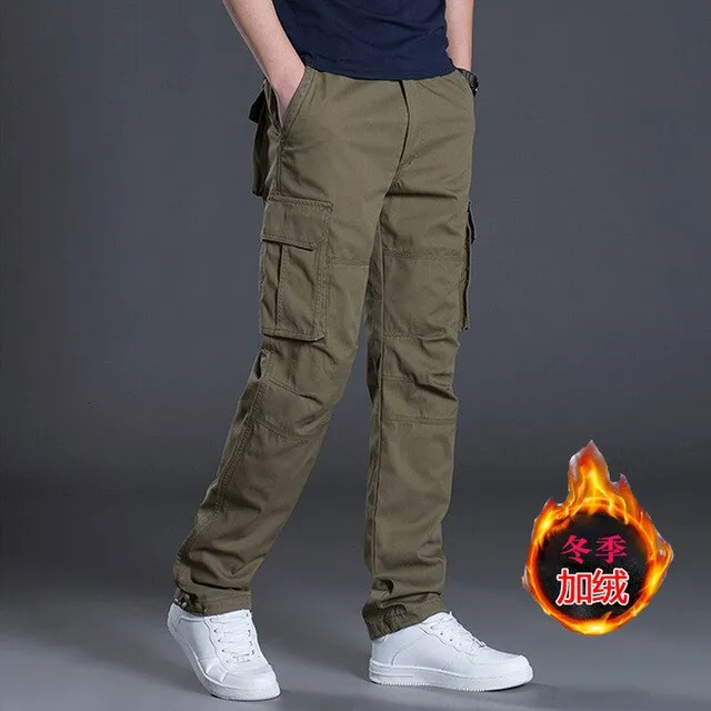 Winter Fleece Warm Cargo Pants Mens Overalls Loose Straight Multi-pocket Trouser Outdoor Sport Plus Velvet Thermal Military Pant