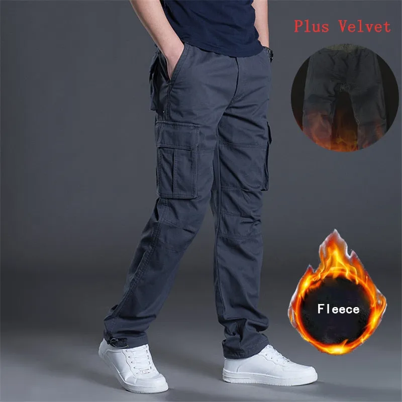 Winter Fleece Warm Cargo Pants Mens Overalls Loose Straight Multi-pocket Trouser Outdoor Sport Plus Velvet Thermal Military Pant