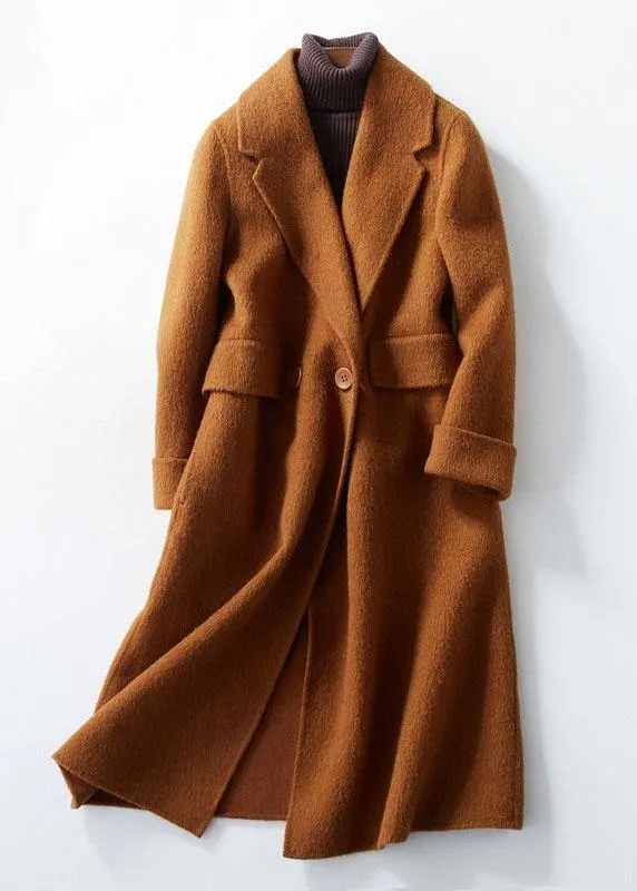 women casual long coats pockets coats brown Notched wool coat