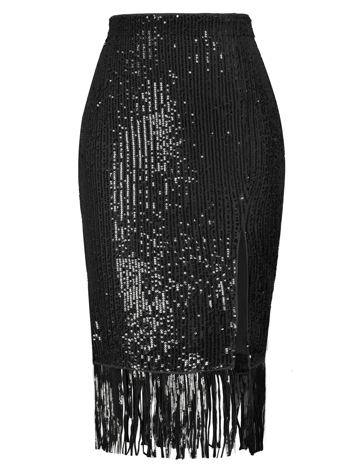 Women Sequined Party Skirt Elastic Waist Front Slit Tassel Hem Bodycon Skirt