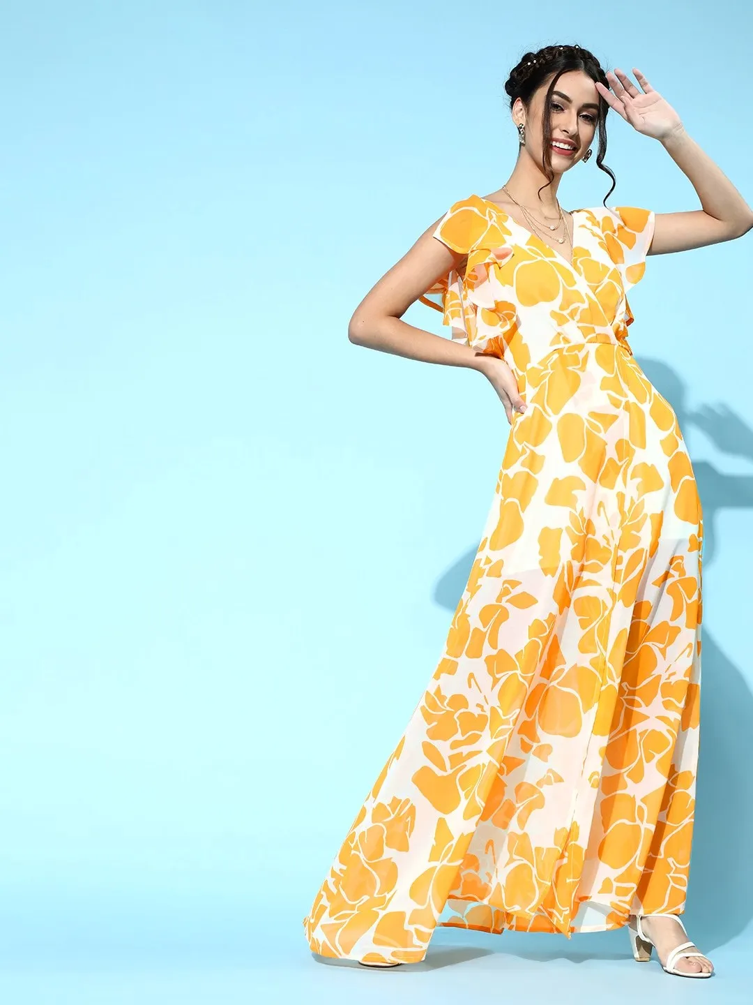 Women Stylish Mustard Floral Ruffled Dress