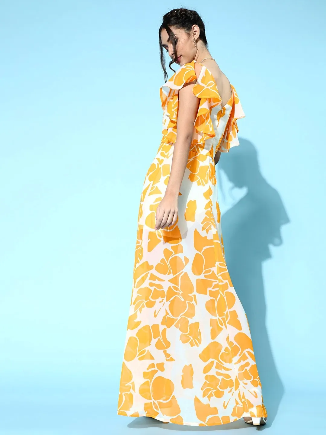 Women Stylish Mustard Floral Ruffled Dress