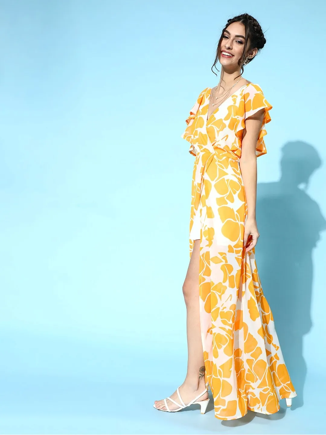 Women Stylish Mustard Floral Ruffled Dress