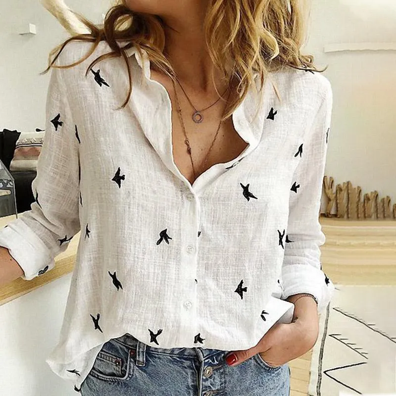 Women's Birds Print Shirts 35% Cotton Long Sleeve Female Tops 2020 Spring Summer Loose Casual Office Ladies Shirt Plus Size 5XL