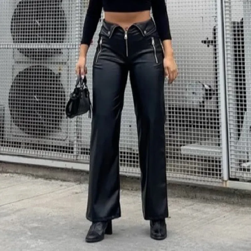 Women's High-Waisted Loose Fit Straight Leg Casual Leather Pants with Zipper Details