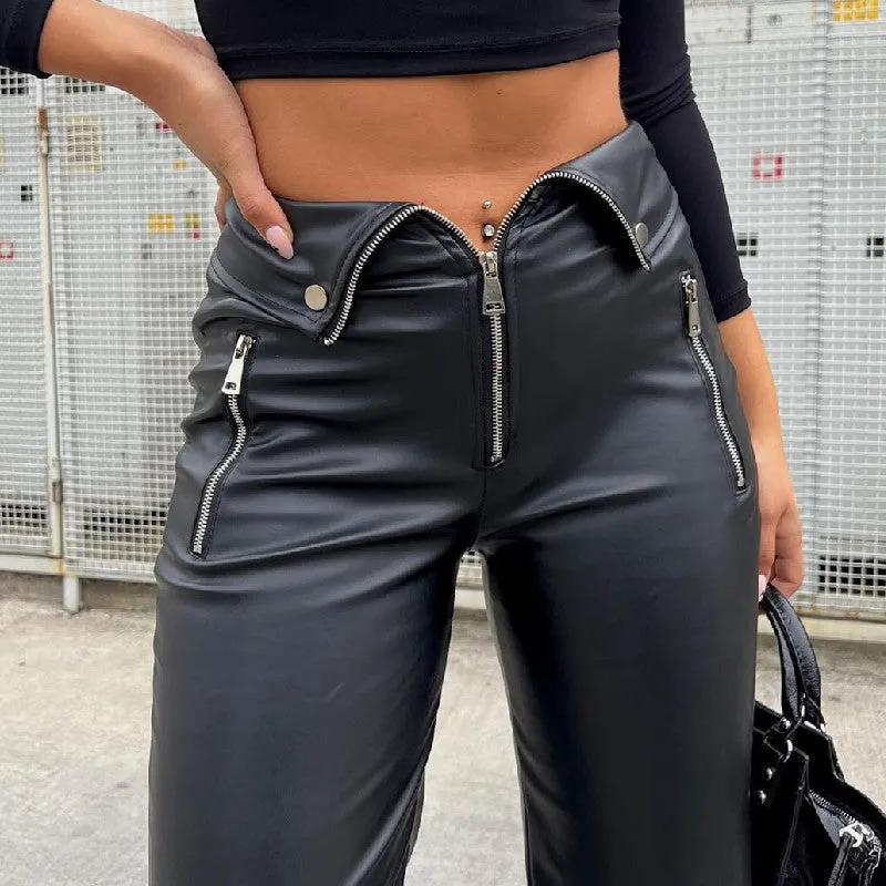 Women's High-Waisted Loose Fit Straight Leg Casual Leather Pants with Zipper Details