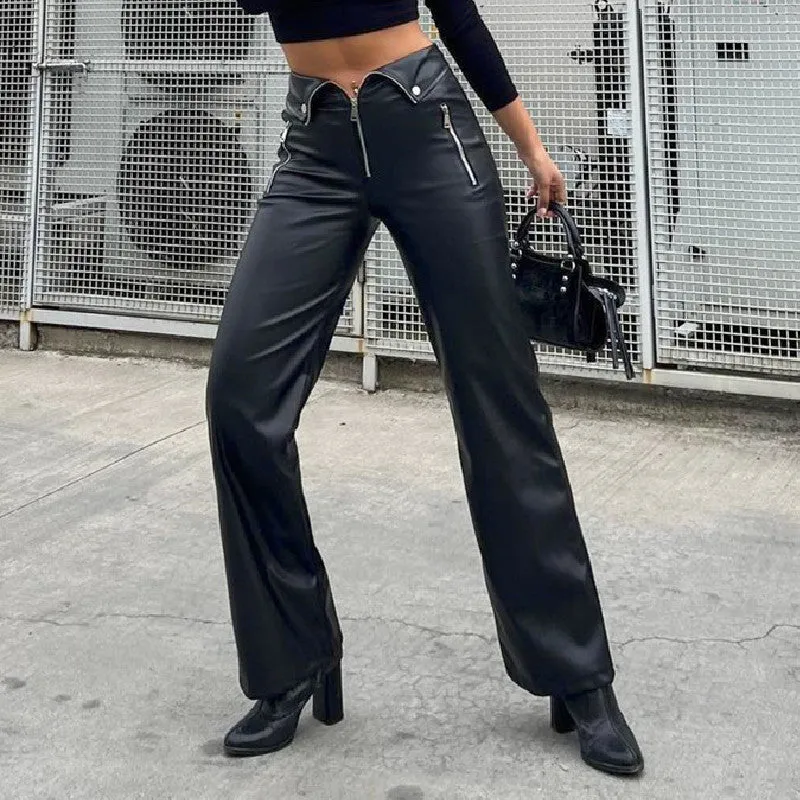 Women's High-Waisted Loose Fit Straight Leg Casual Leather Pants with Zipper Details