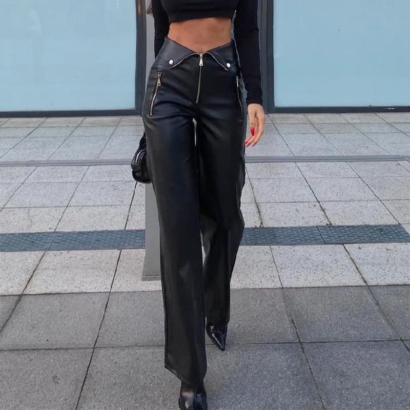 Women's High-Waisted Loose Fit Straight Leg Casual Leather Pants with Zipper Details