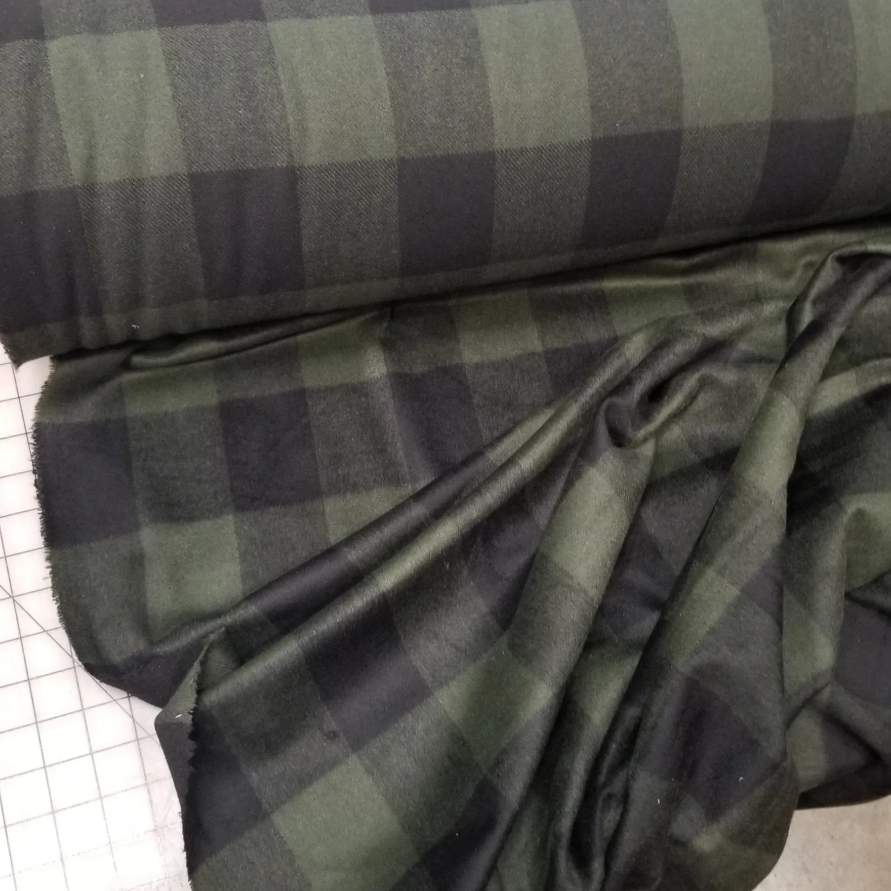 Wool Blend Melton Buffalo Plaid Green and Black Woven-Sold by the yard